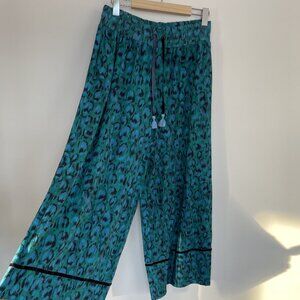 Anthropologie Wide Leg Tassel ties Boho Dopamine Pants Teal Leopard Print - S